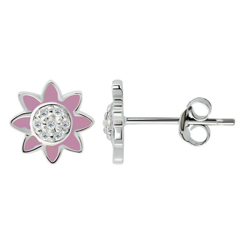 Aleure Precioso Sterling Silver Enamel & Cubic Zirconia Flower Stud Earrings, Womens, Pink Product Image