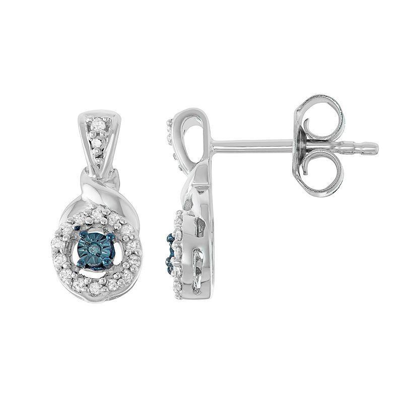 Sterling Silver 1/8 Carat T.W. Blue Diamond Halo Drop Earrings, Womens Product Image