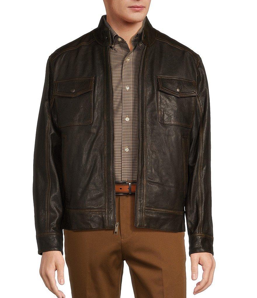 Roundtree & Yorke Big & Tall Distressed Stand Collar Leather Jacket Product Image