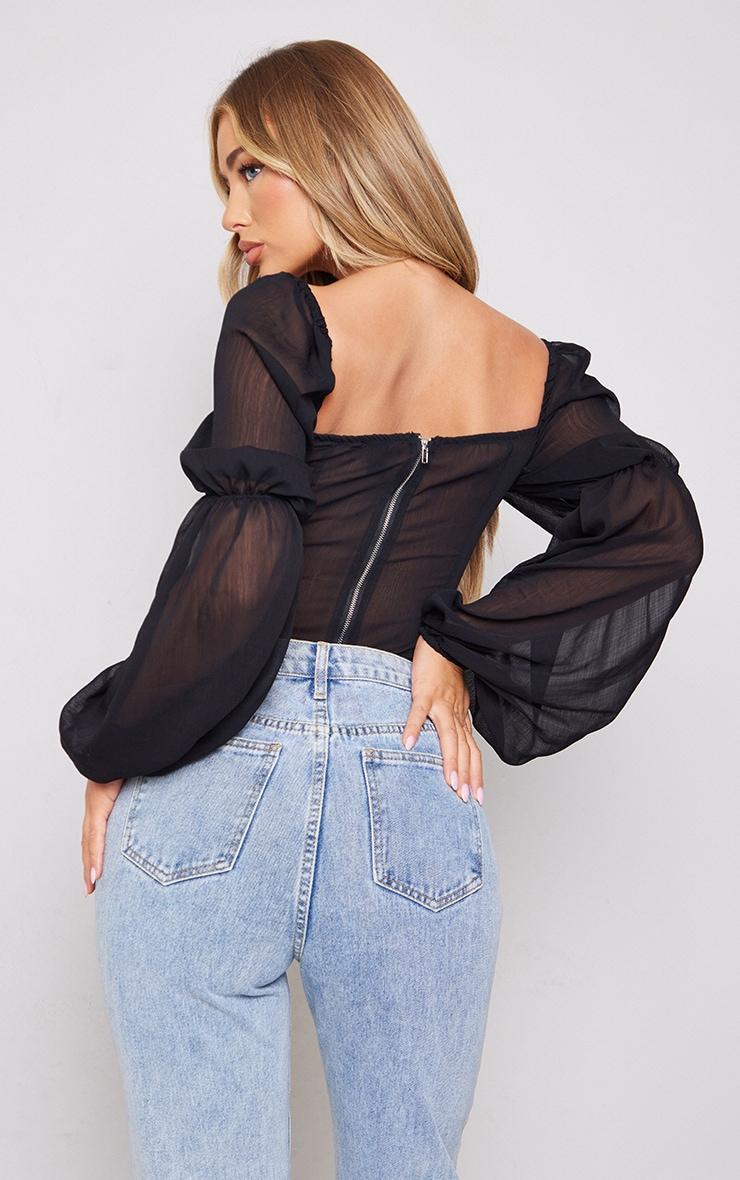 Black Chiffon Ruched Bust Balloon Sleeve Long Sleeve Boned Corset Product Image