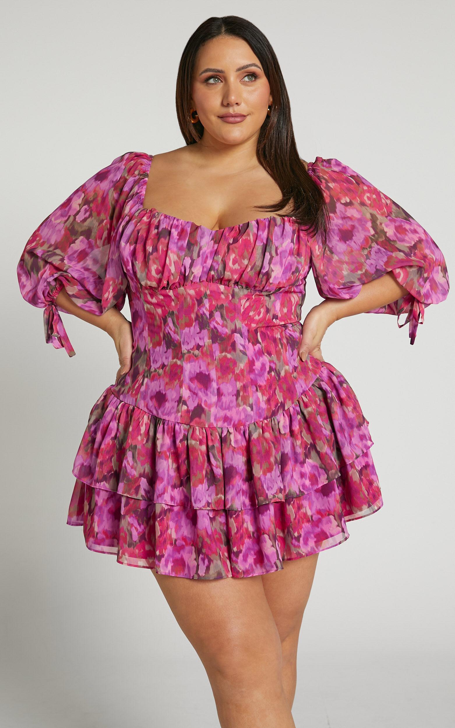 Clabelle Mini Dress - Puff Sleeve Tiered Ruffle Hem Sweetheart Dress in Violette Blur Floral Product Image