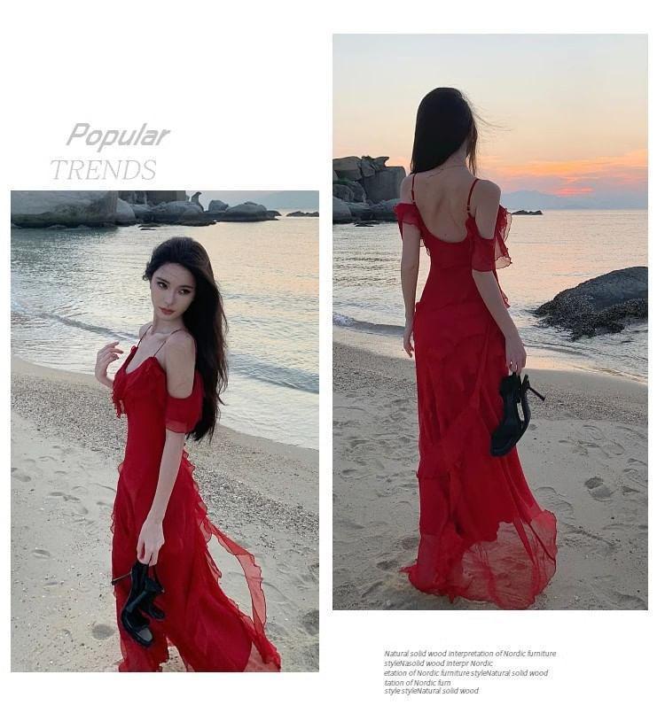 Spaghetti Strap V-Neck Plain Maxi Sheath Dress Product Image