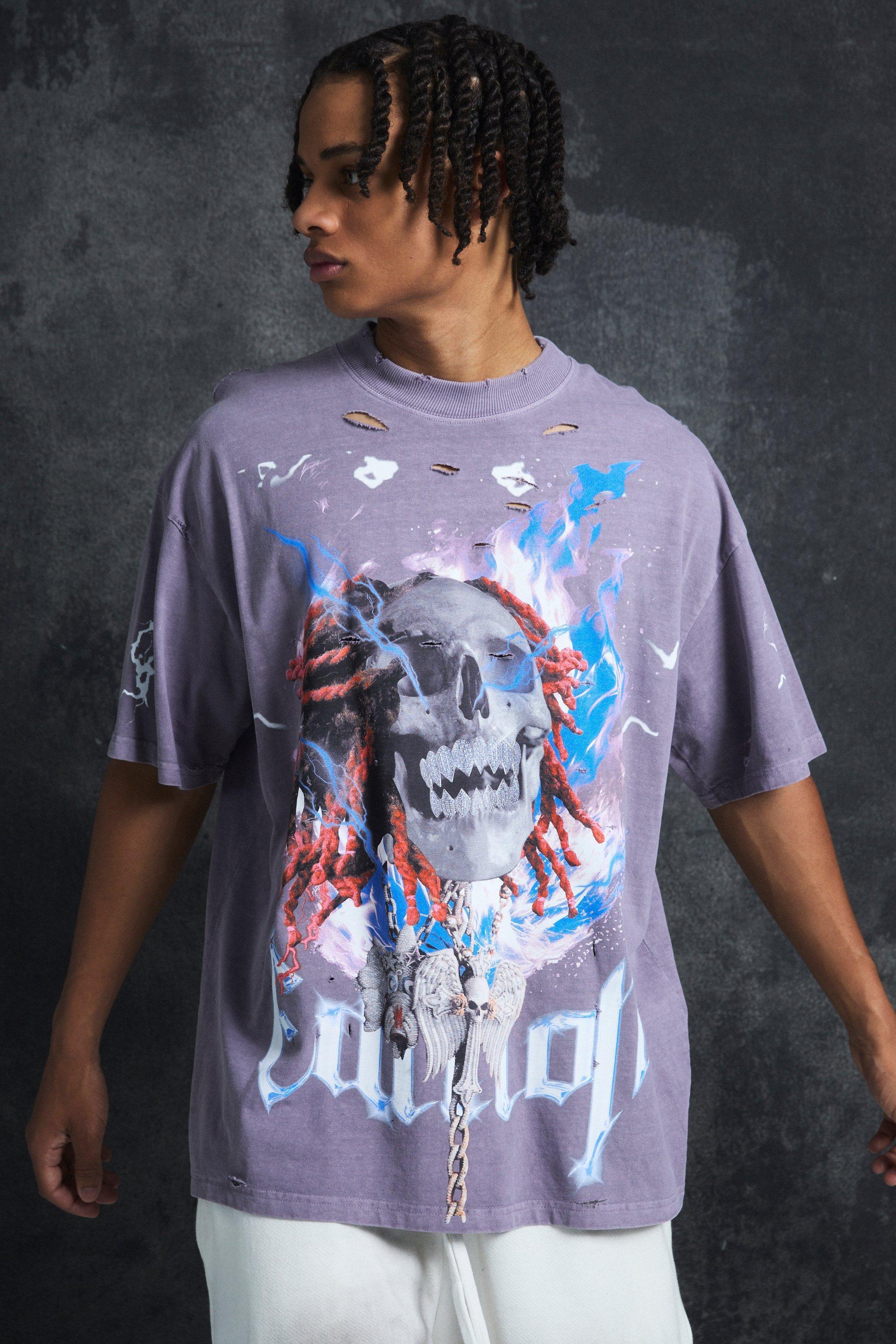 Trippie Redd Oversized Extended Neck heavyweight Washed Graphic T-shirt | boohooMAN USA Product Image