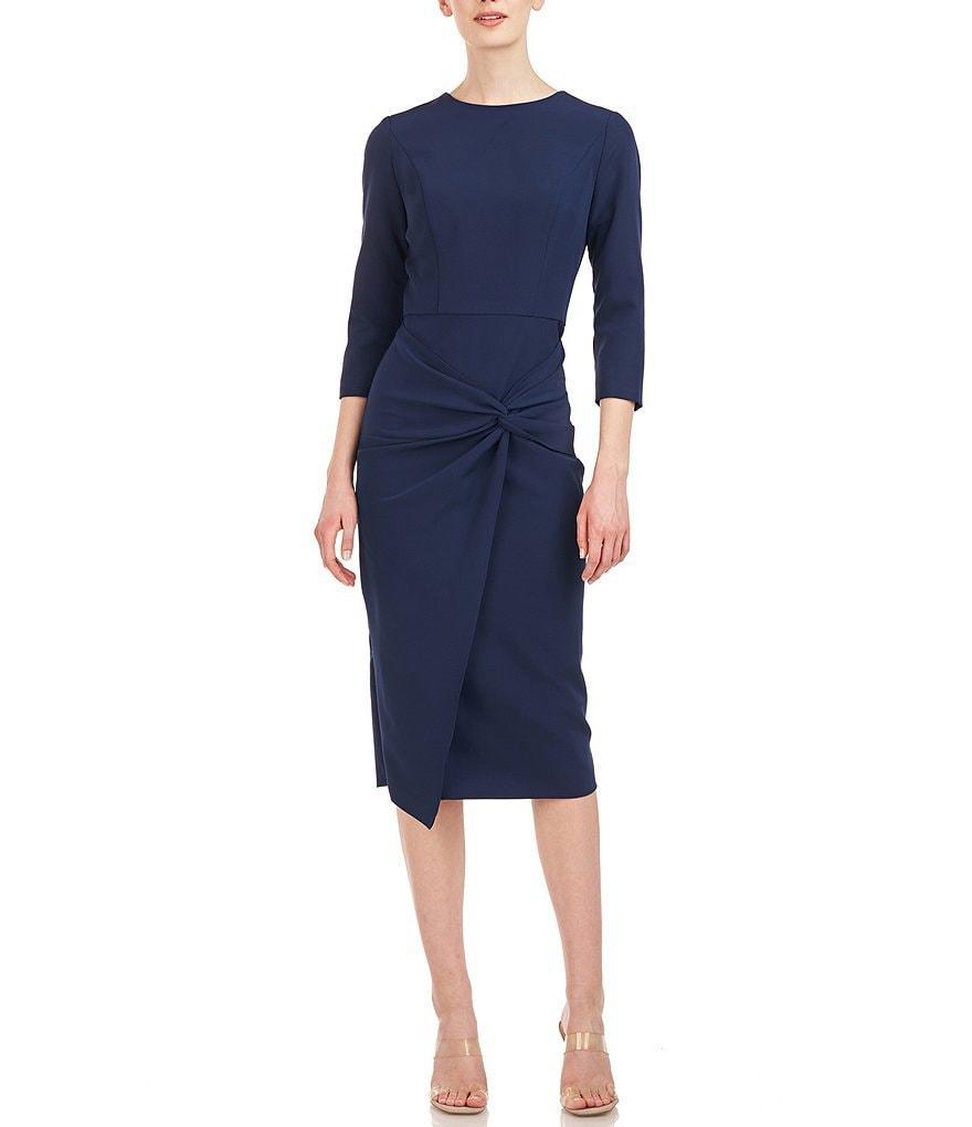 Kay Unger Stretch Crew Neck 3/4 Sleeve Front Waist Twist Midi Dress Product Image