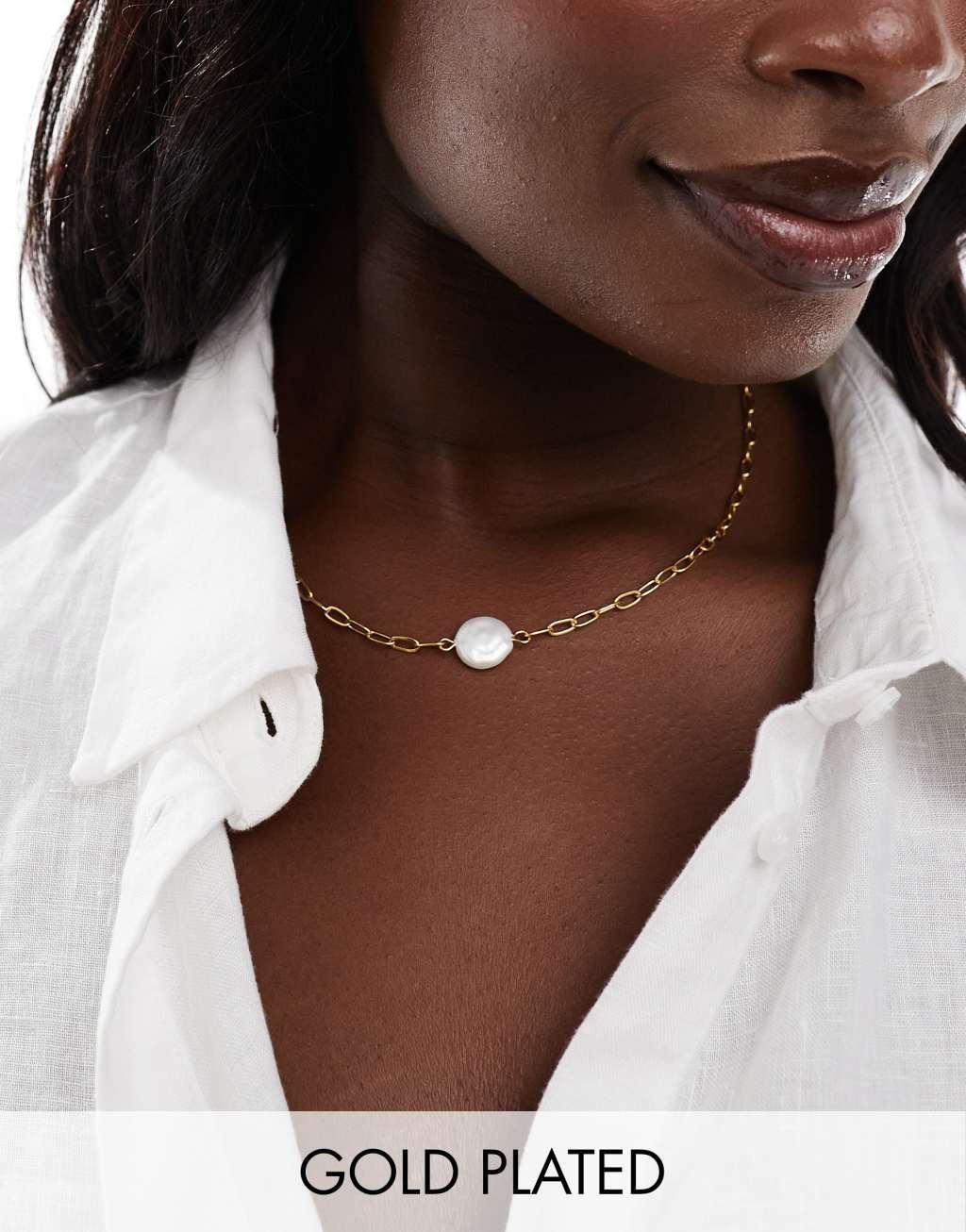 ASOS DESIGN Curve 14k gold plated necklace with faux pearl detail Product Image