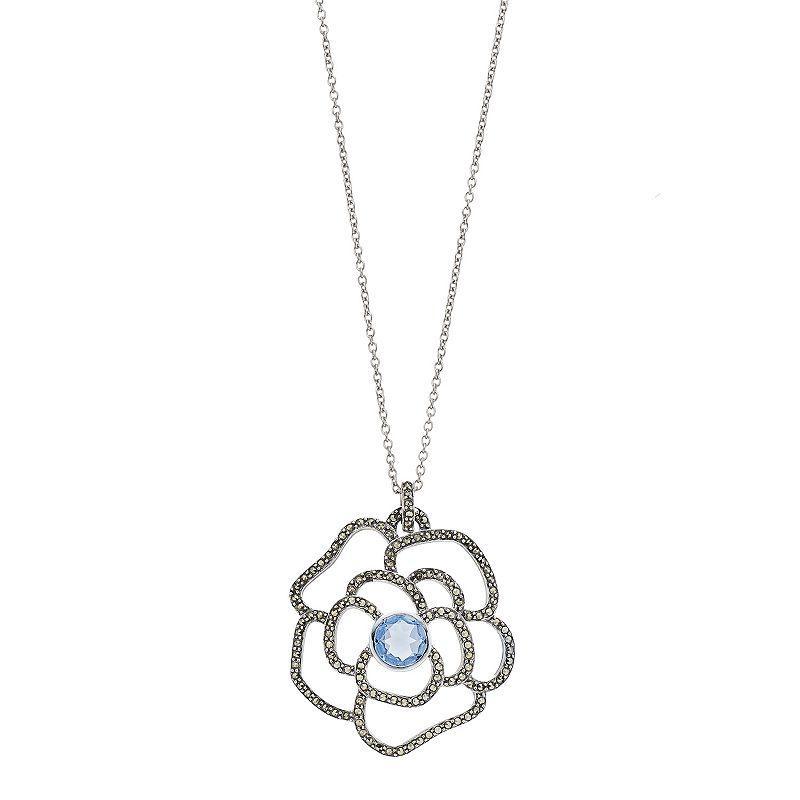 Lavish by TJM Sterling Silver Lab-Created Blue Quartz & Marcasite Rose Pendant, Womens Product Image