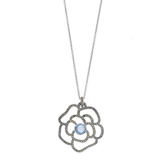 Lavish by TJM Sterling Silver Lab-Created Blue Quartz & Marcasite Rose Pendant, Womens Product Image