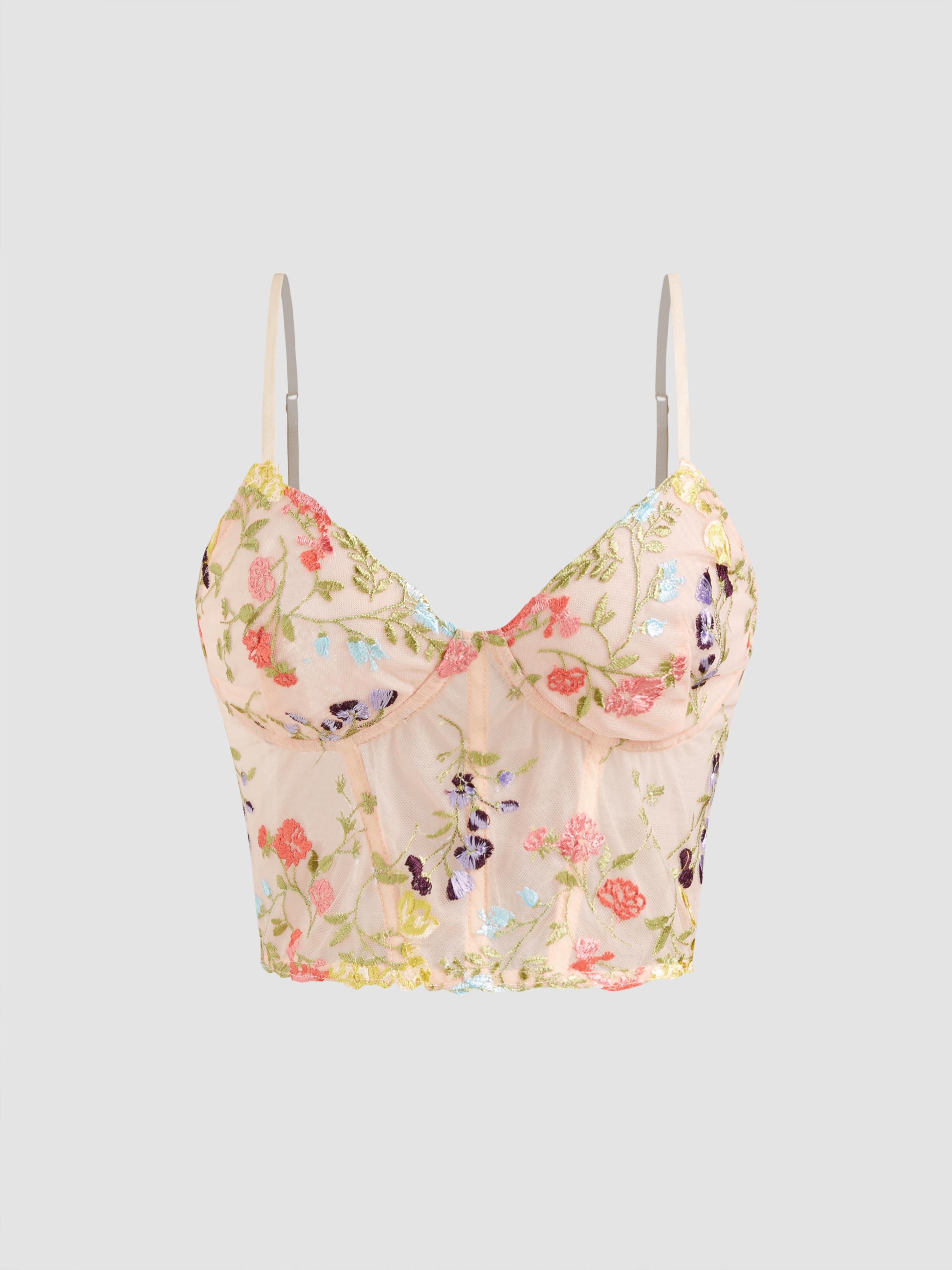 Mesh V-neck Floral Embroidery Crop Cami Top Product Image