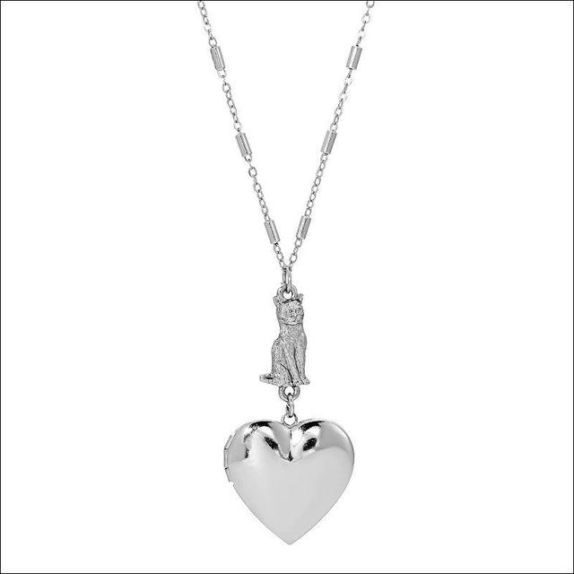 1928 Silver Tone Heart Cat Drop Locket Necklace, Womens Product Image