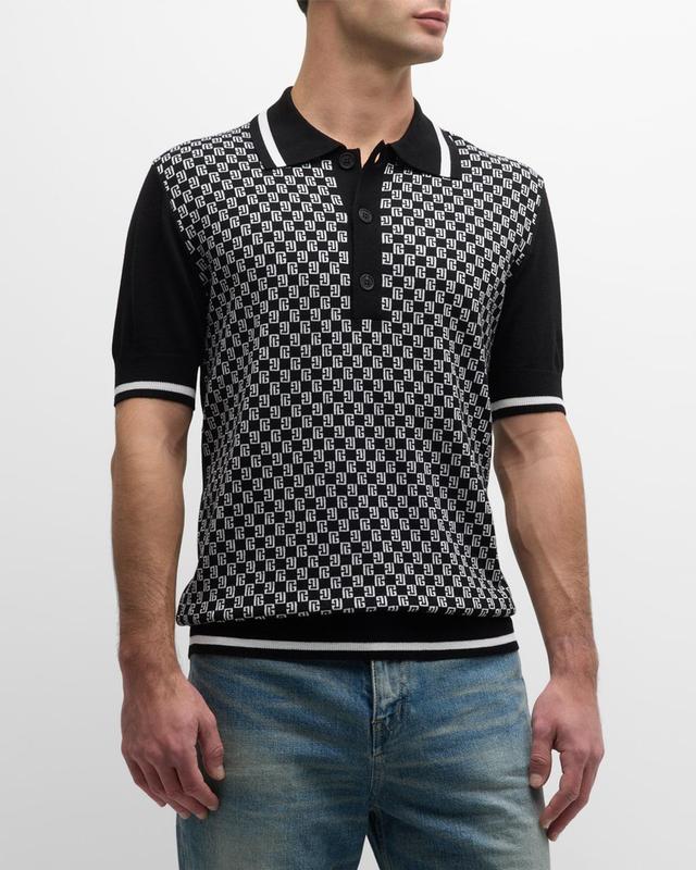 Balmain Monogram Jacquard Short Sleeve Merino Wool Polo Sweater Product Image