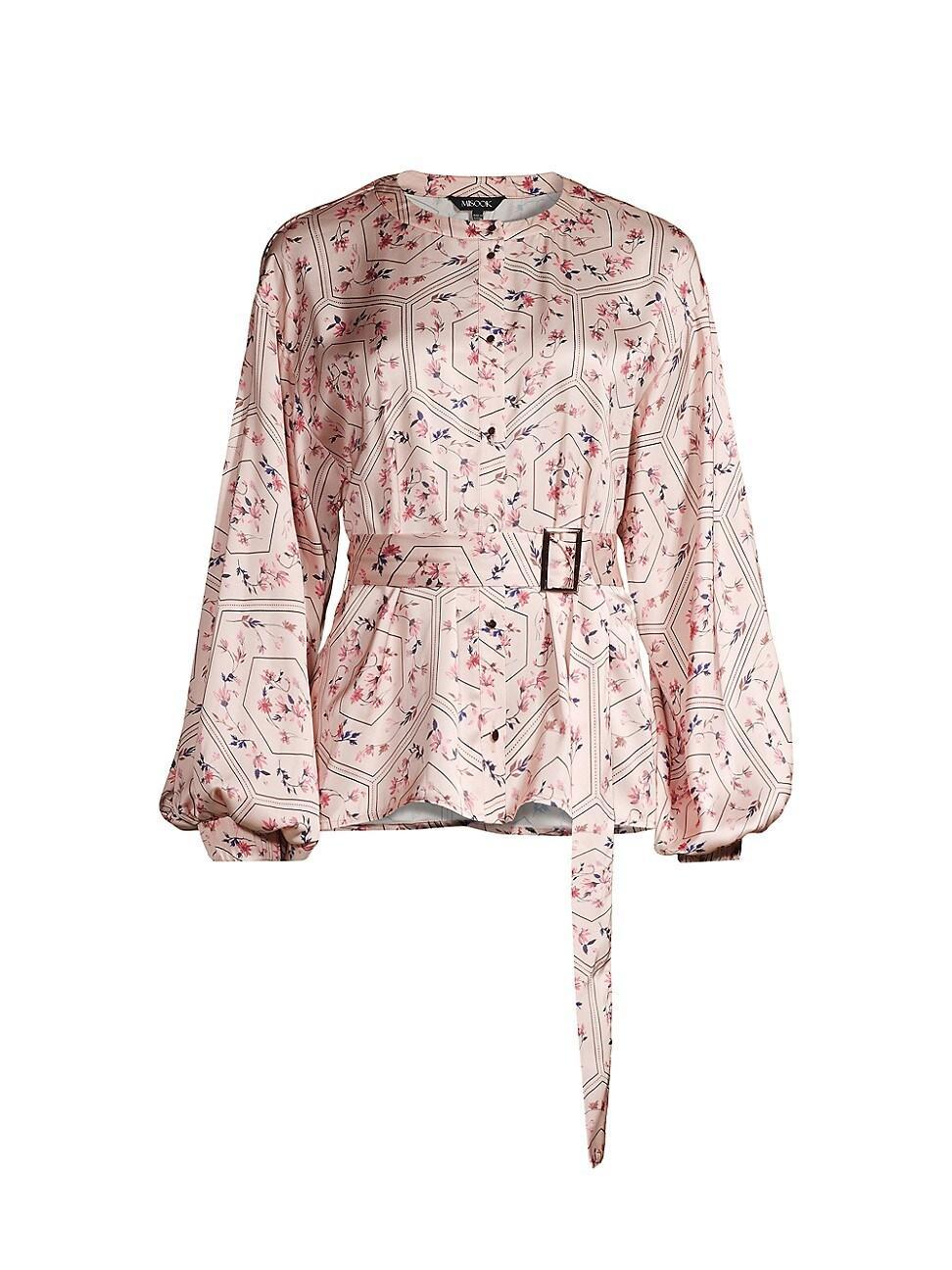 Womens Floral Crepe De Chine Balloon-Sleeve Belted Blouse Product Image