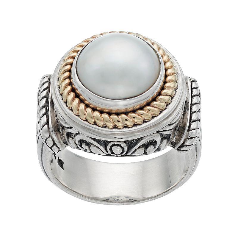 Two Tone Sterling Silver Freshwater Cultured Pearl Halo Ring, Womens Product Image