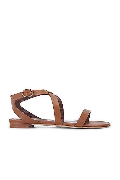 Manolo Blahnik Magalou Leather Sandal in Medium Brown - Brown. Size 36.5 (also in 37, 37.5). Product Image