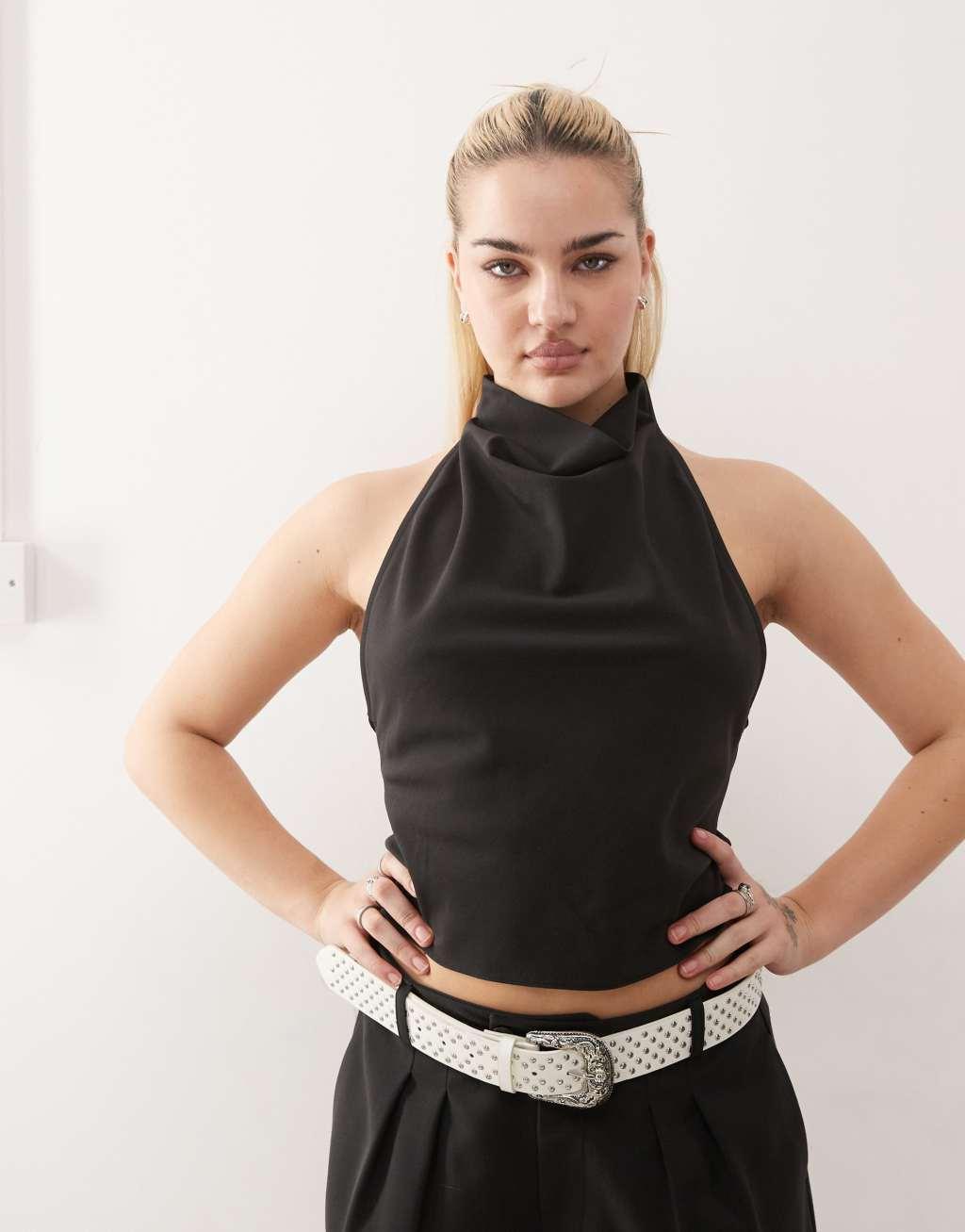 COLLUSION tailored drape halter top in black - part of a set Product Image