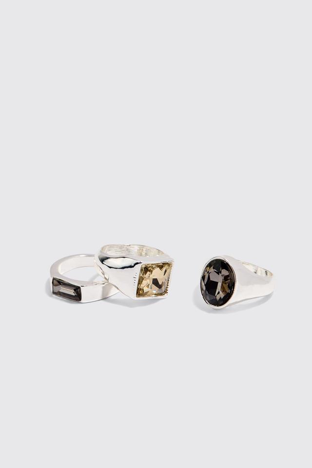 3 Pack Gem Stone Signet Rings In Silver | boohooMAN USA Product Image