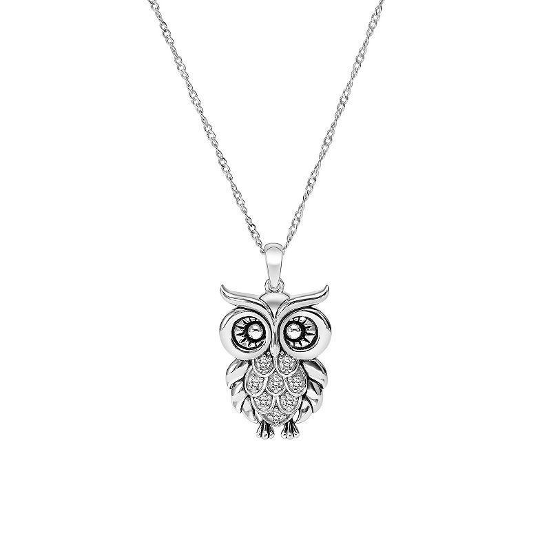 Sterling Silver 1/10 Carat T.W. Diamond Owl Pendant Necklace, Womens White Product Image