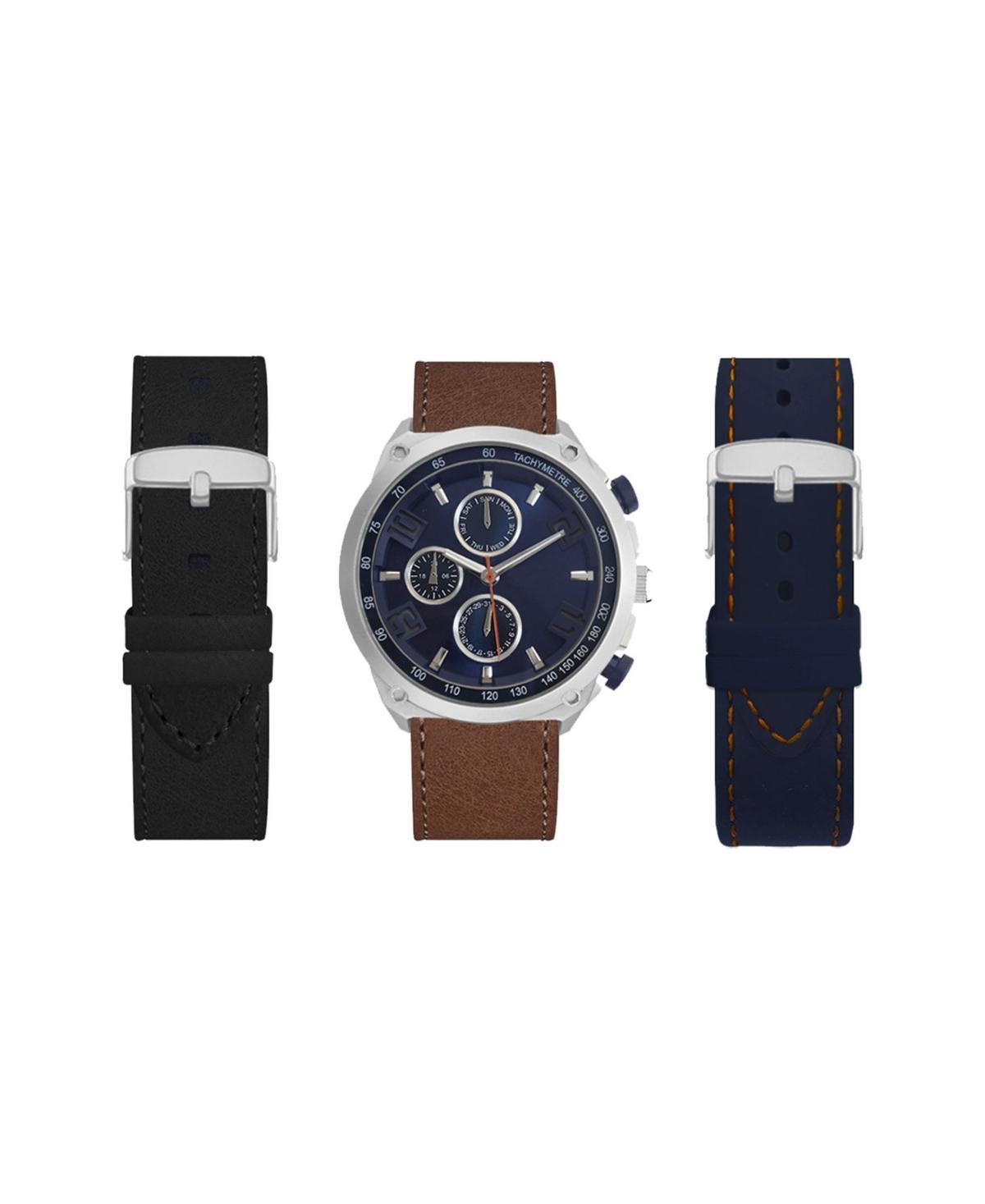 American Exchange Mens Analog Black Strap Watch 47mm with Brown, Navy and Black Interchangeable Straps Set - Brown, Navy Product Image