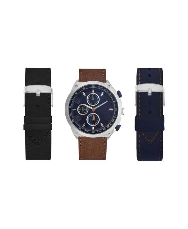 American Exchange Mens Analog Black Strap Watch 47mm with Brown, Navy and Black Interchangeable Straps Set Product Image