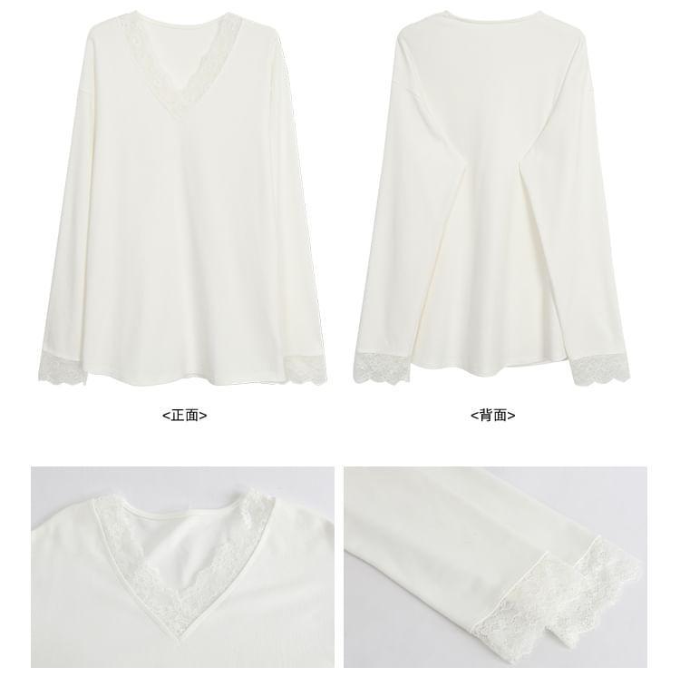 Long Sleeve V-Neck Plain Panel Lace Tee Product Image