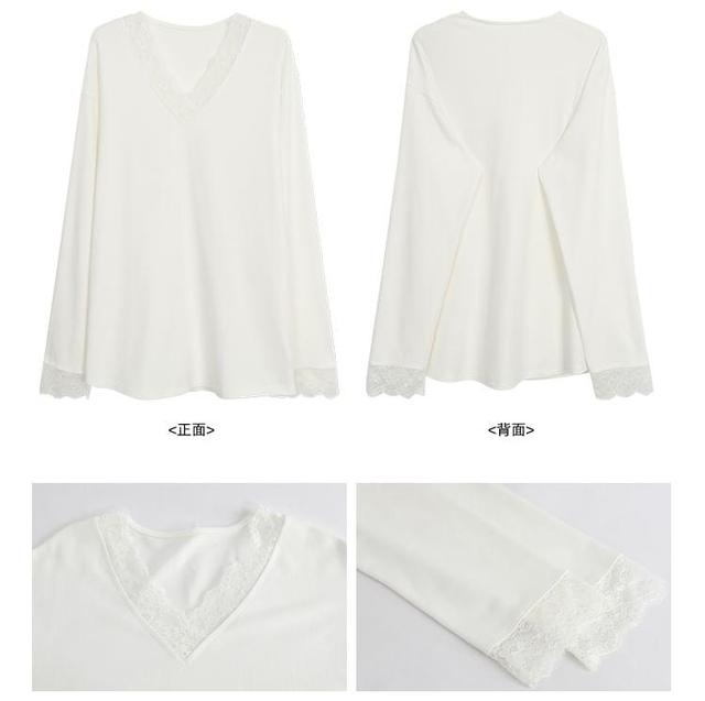 Long Sleeve V-Neck Plain Panel Lace Tee Product Image