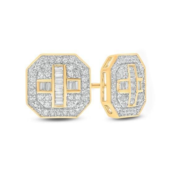 Men's 1/3 CT. T.w. Baguette and Round Composite Diamond Octagonal Frame Cross Stud Earrings in 10K Gold Product Image