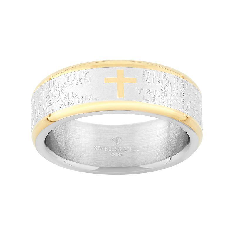 Two Tone Stainless Steel The Lords Prayer Cross Wedding Band - Men, Mens Silver Product Image