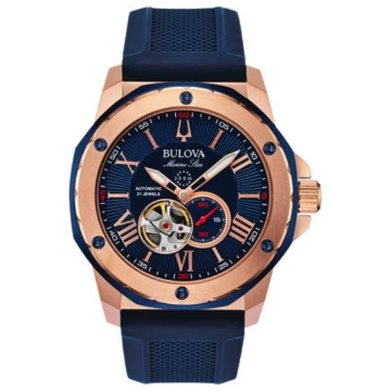 Men's Bulova Marine Star Gold-Tone Automatic Watch with Black Skeleton Dial (Model: 97A174) Product Image