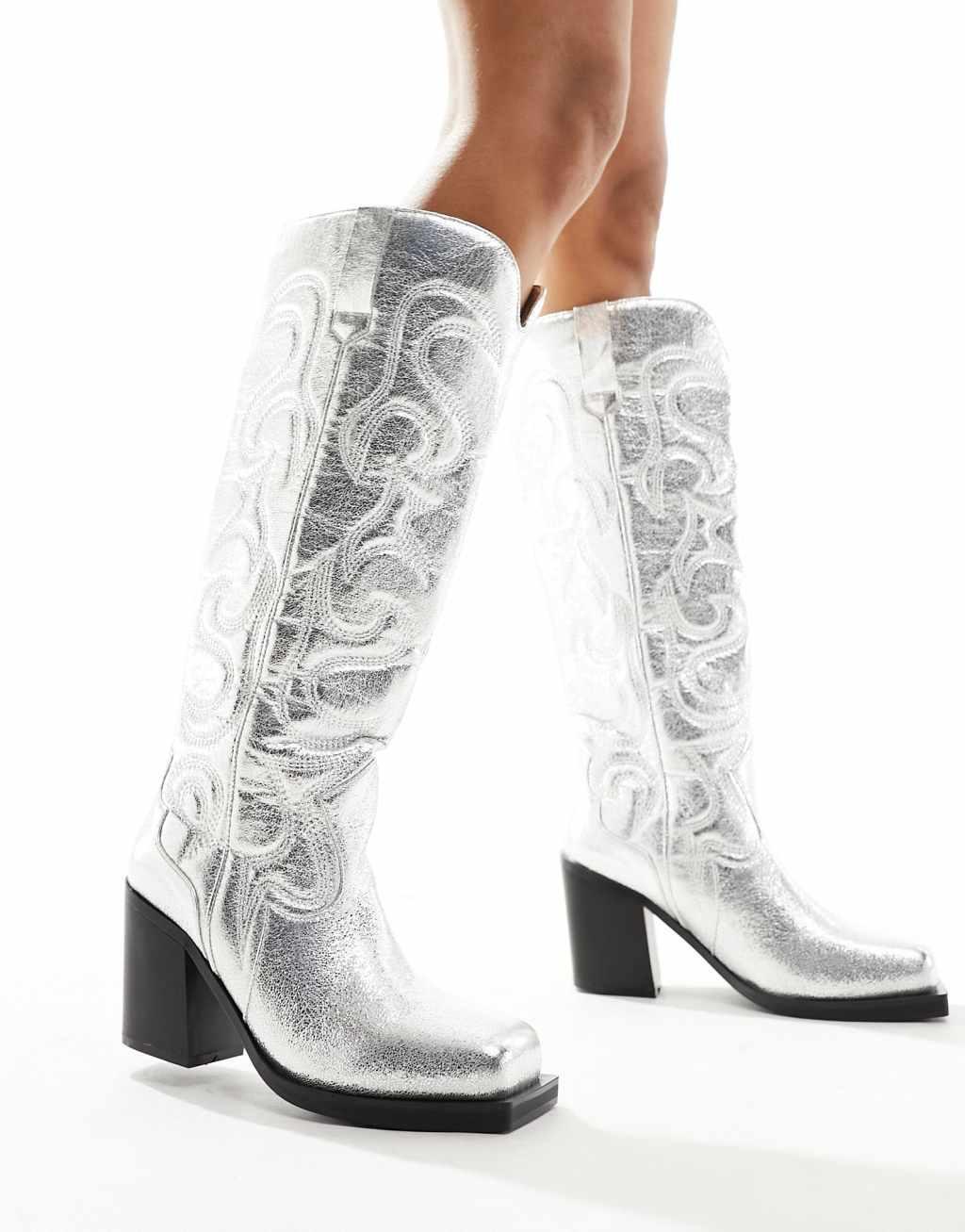 Public Desire Wide Fit Austine knee boot with western stitching in metallic silver Product Image