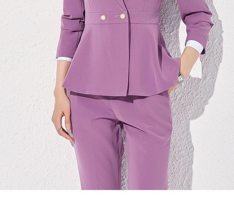 Shawl Lapel Plain Peplum Double Breasted Blazer / High Rise Flared Dress Pants / Set Product Image