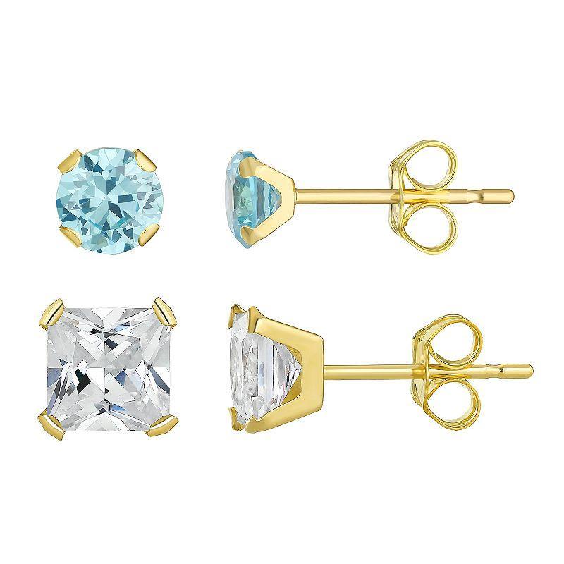 Taylor Grace 10k Gold 4 mm White & Blue Cubic Zirconia Stud Earring Set, Womens Product Image