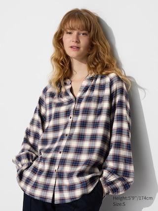 Womens Soft Flannel Gathered Blouse Checked Blue XS UNIQLO US Product Image