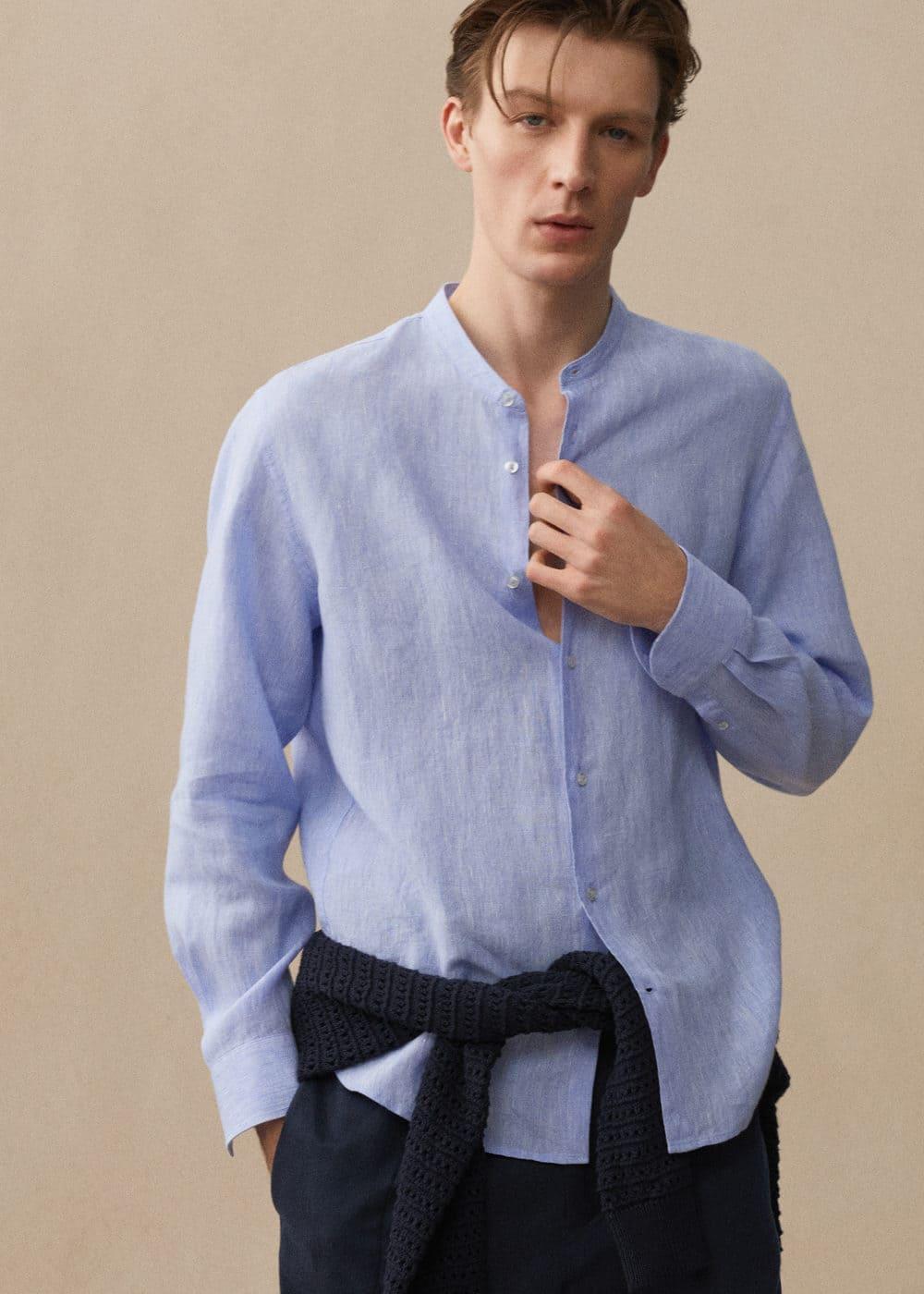 MANGO MAN - 100% linen Mao collar shirt sky blueMen Product Image