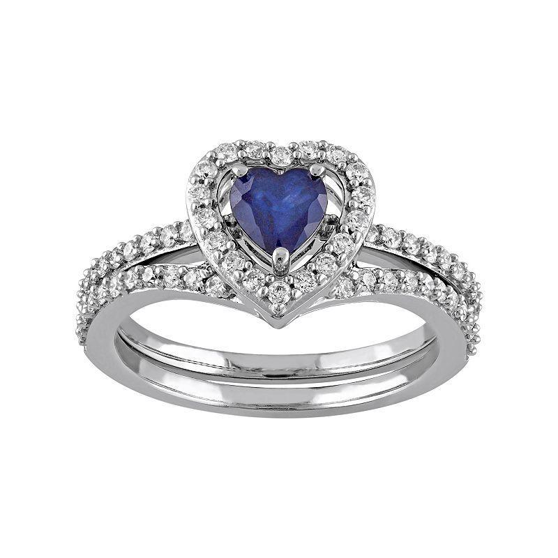 Stella Grace 10k White Gold 1/2 Carat T.W. Diamond & Sapphire Heart Engagement Ring Set, Womens Blue Product Image