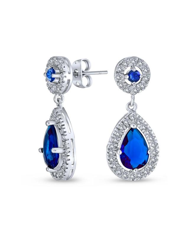 Bling Jewelry Fashion Blue Cz Halo Teardrop Drop Earrings For Women For Prom Royal Blue Cubic Zirconia Rhodium Plated Brass Product Image