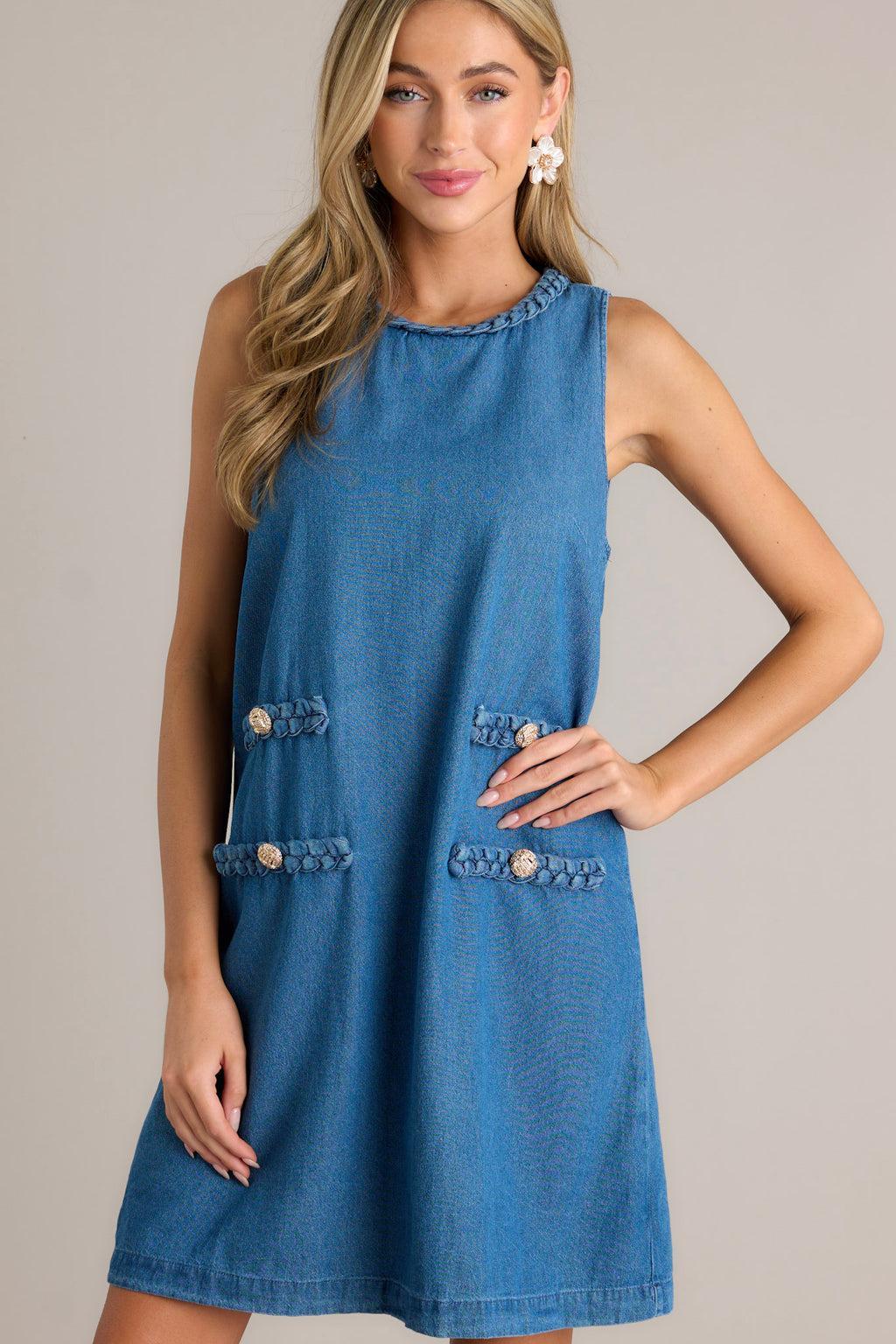 Chic Charm 100% Cotton Medium Wash Chambray Mini Dress Product Image