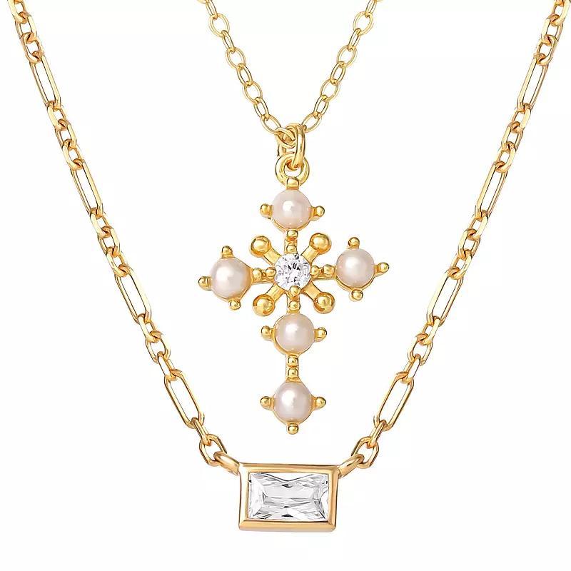 Style Your Way 18k Gold Over Silver Cubic Zirconia & Freshwater Cultured Pearl Cross & Bar Necklaces Set, Womens Gold Tone Product Image