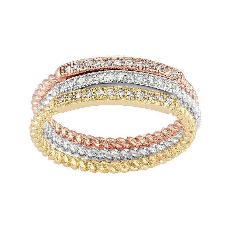 Cubic Zirconia Tri-Tone Sterling Silver Twist Stack Ring Set, Womens Multicolor Product Image