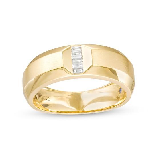 Vera Wang Love Collection Men's 1/10 CT. T.w. Baguette Diamond Five Stone Linear Groove Wedding Band in 14K Gold (I/Si2) Product Image