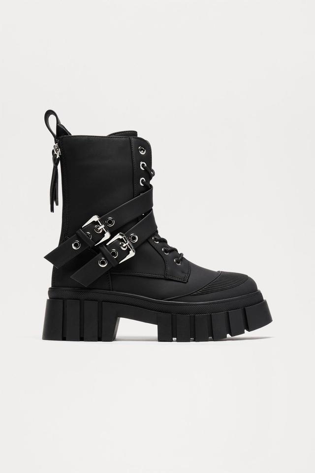 Never Over Buckle Combat Boots - Black Product Image