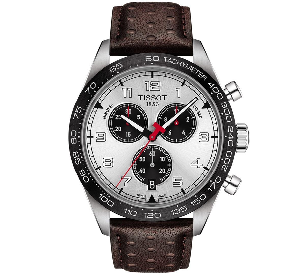 Tissot Mens Swiss Chronograph Prs 516 Brown Perforated Leather Strap Watch 45mm - Silver Product Image