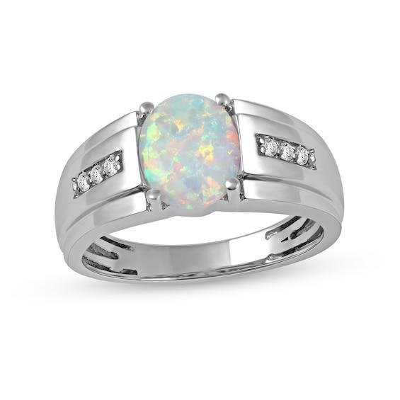 Men's Oval Lab-Created Opal and White Lab-Created Sapphire Tri-Sides Stepped Edge Band in Sterling Silver Product Image