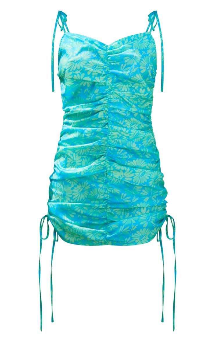 Green Floral Ruched Strappy Halterneck Bodycon Dress Product Image