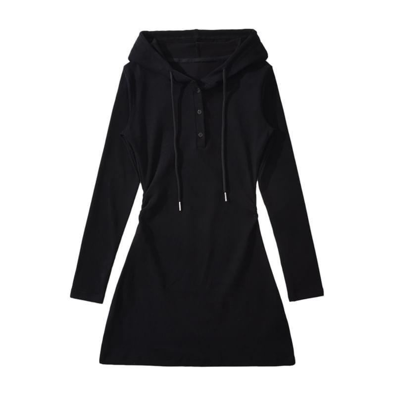 Long Sleeve Hooded Plain Henley A-Line Mini Dress Product Image