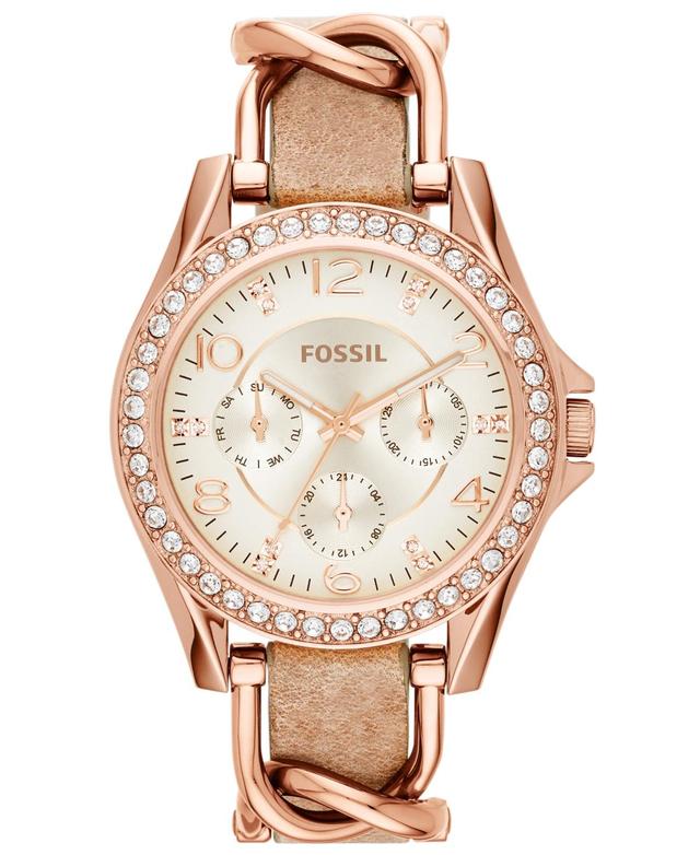 Fossil Womens Riley Rose Gold-Tone Chain and Bone Leather Strap Watch 38mm ES3466 Product Image