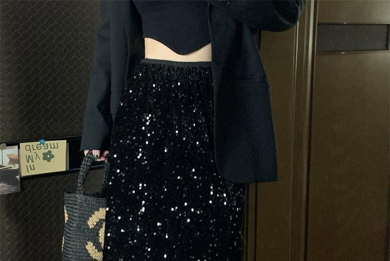 High Waist Plain Sequin Slit Midi Pencil Skirt Product Image