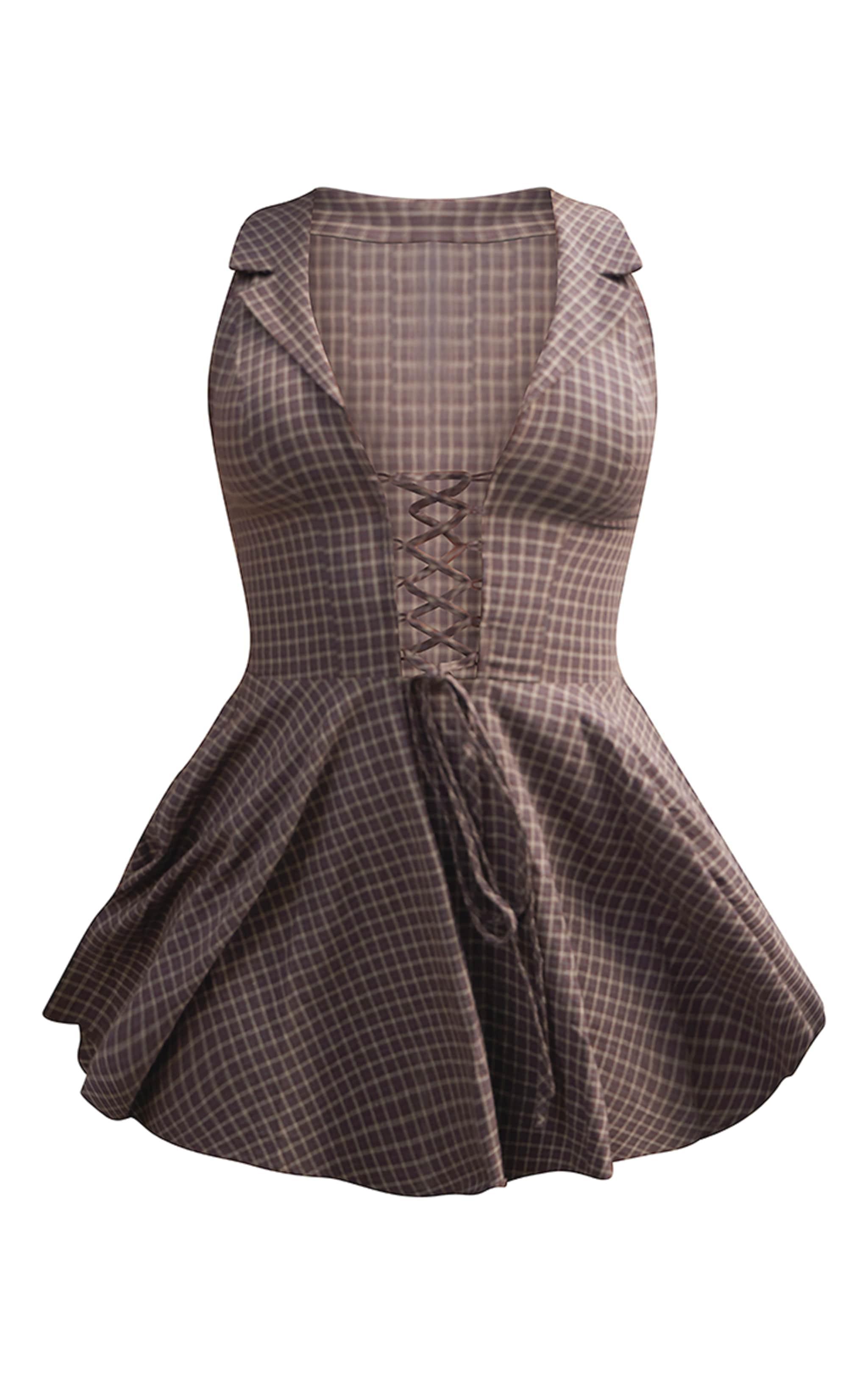 Brown Lace Up Check Shift Dress Product Image