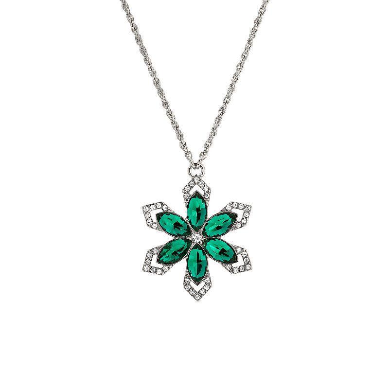 1928 Silver Tone Crystal Small Flower Necklace, Womens, Green Product Image