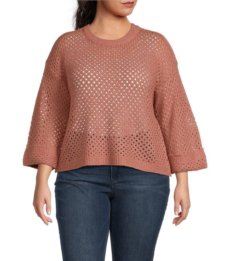 Democracy Plus Size Round Neck 3/4 Sleeve Openwork Sweater Product Image