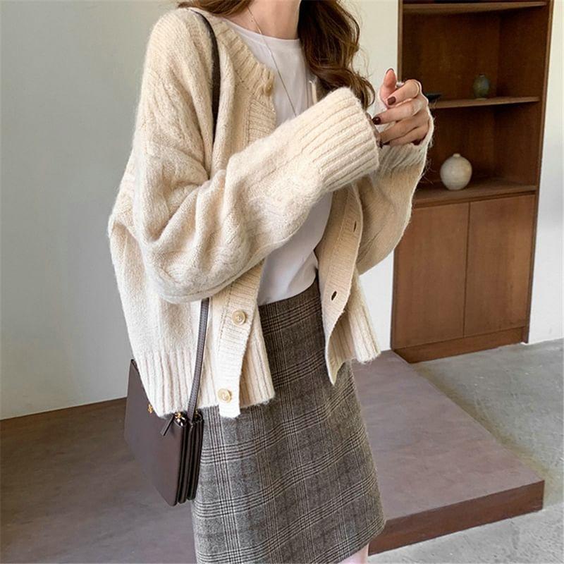 Round Neck Plain Cable-Knit Cardigan Product Image