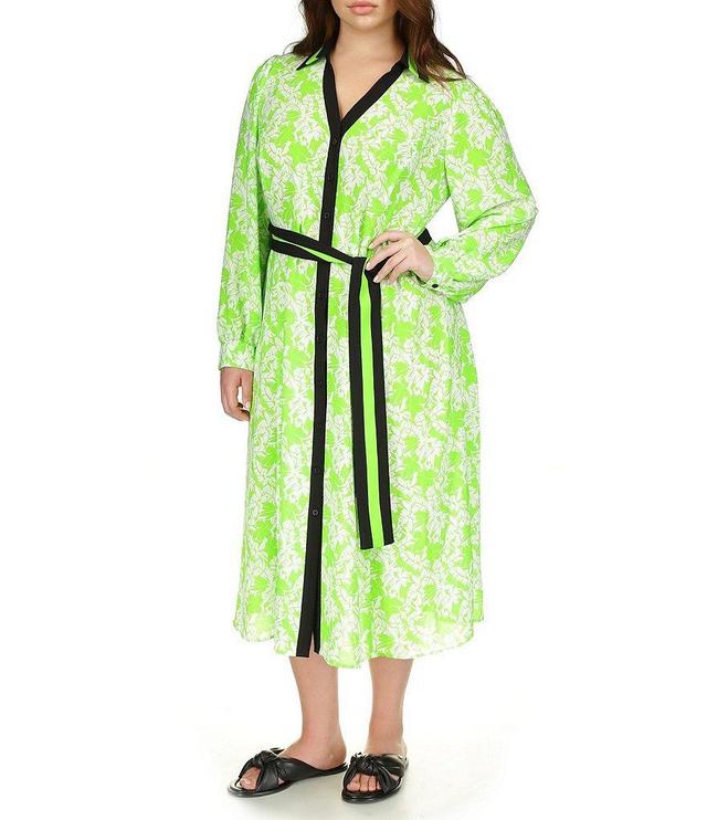 Michael Kors Plus Size Floral Printed Point Collar V-Neck Long Sleeve Maxi Shirt Dress Product Image